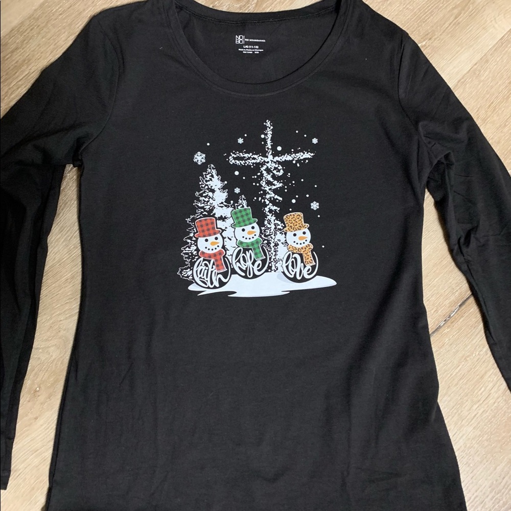 Black long sleeve Jr Lg Snowman Faith Hope Love
